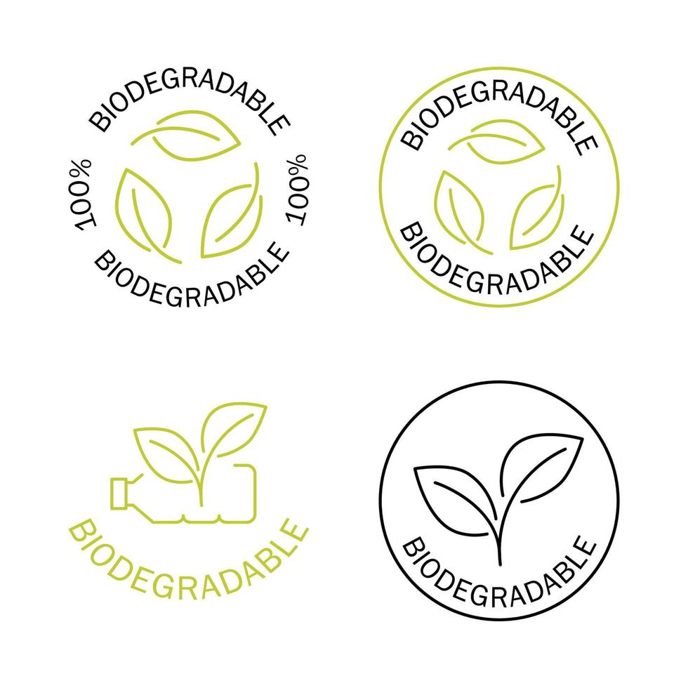 Biodegradable icons. Icon of plastic bottle with green leaves. Turns to plant concept. Eco friendly compostable material production. Zero waste, nature protection concept vector