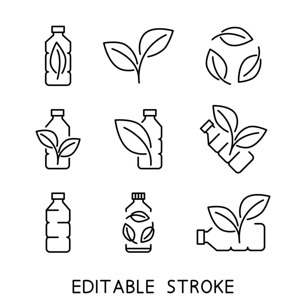 reciclar botella de plastico. iconos biodegradables. iconos de botella de plástico con hojas verdes. producción de material compostable ecológico. cero residuos, concepto de protección de la naturaleza vector