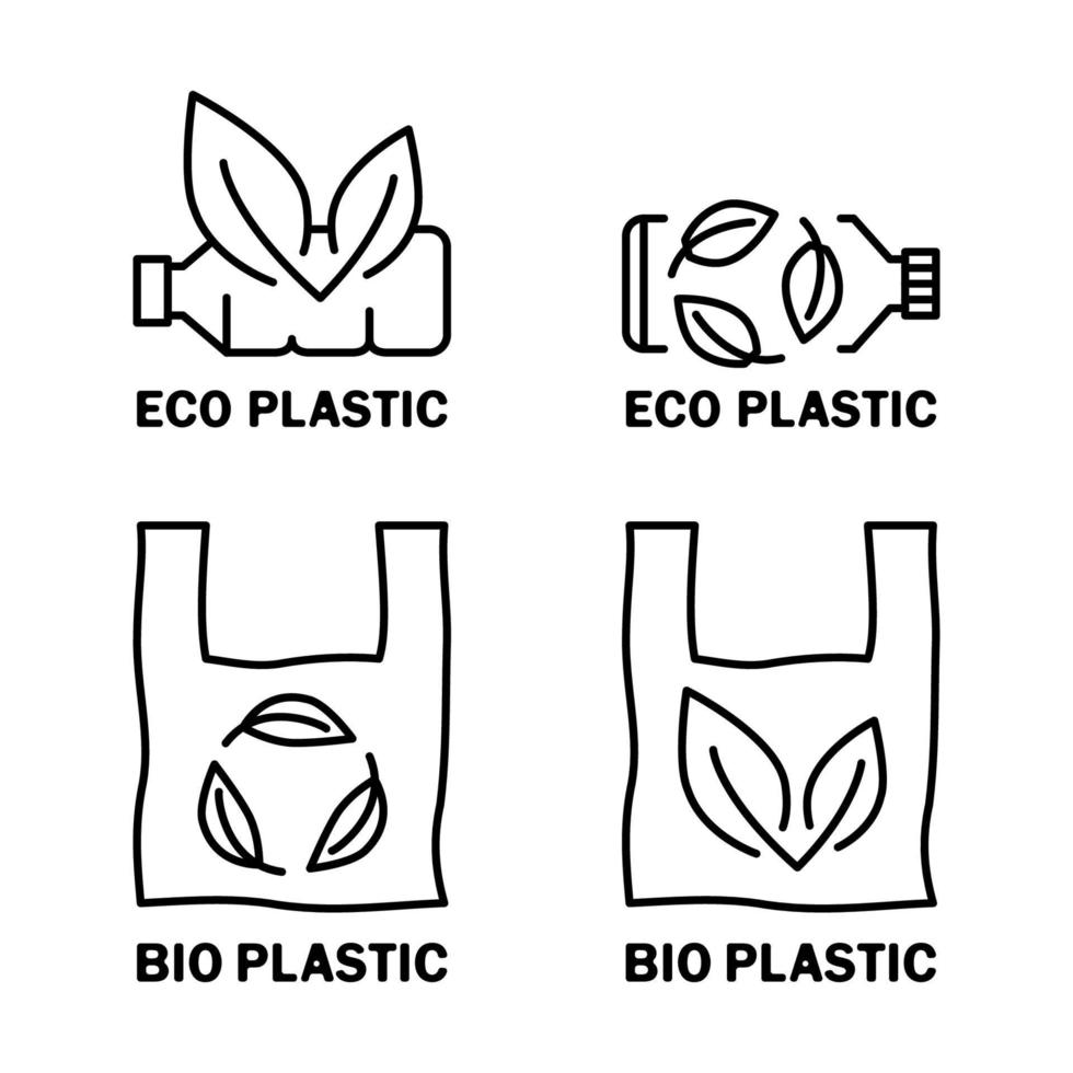 Plastic bag and bottle with leaf icon. Biodegradable, compostable and bio plastic. Eco friendly compostable material production. Zero waste, nature protection concept. Vector