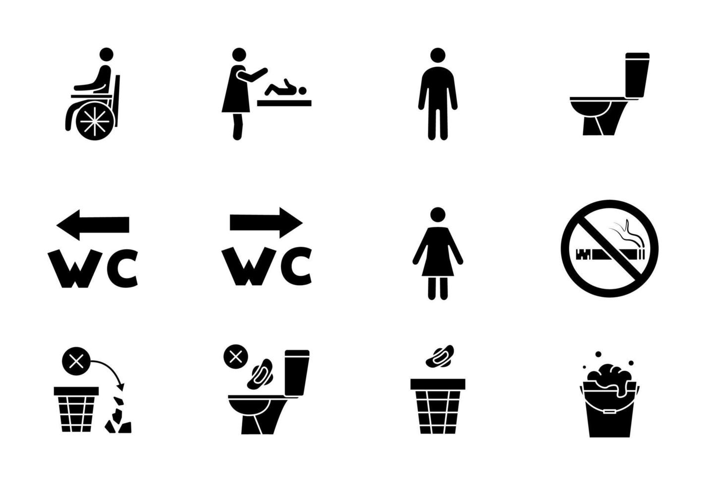 iconos de baño. hombre, mujer, símbolo de persona en silla de ruedas y cambiador de bebés. Detenga el humo y la contaminación en el baño. no enjuague. masculino, femenino, signo de baño para discapacitados vector