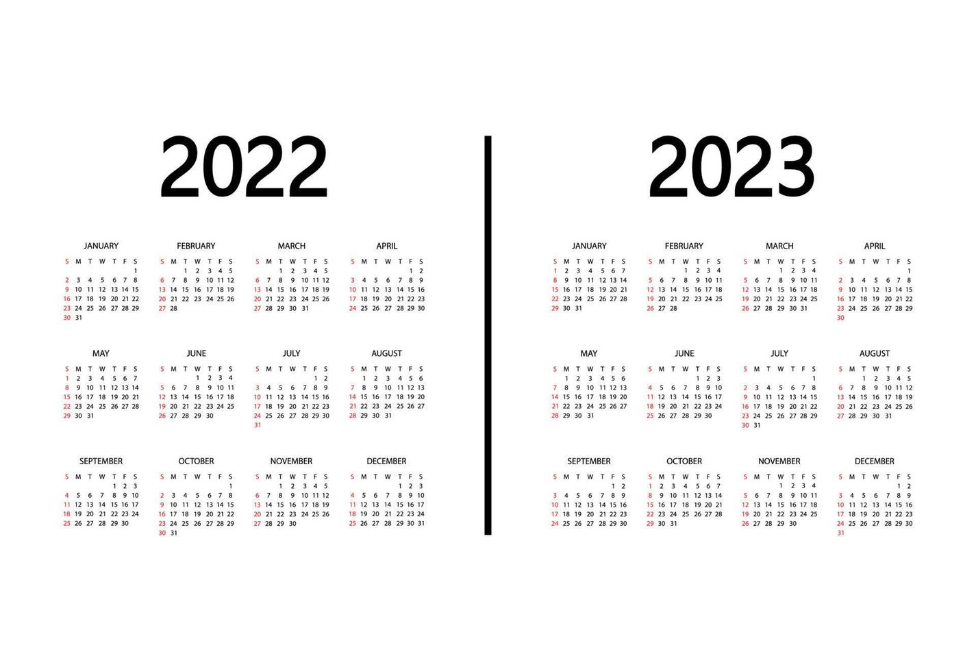 Calendar 2022, 2023 Year. The Week Starts On Sunday. Annual Organizer Template. Calendar Mockup Design In Black And White Colors, Holidays In Red Colors 4274265 Vector Art At Vecteezy