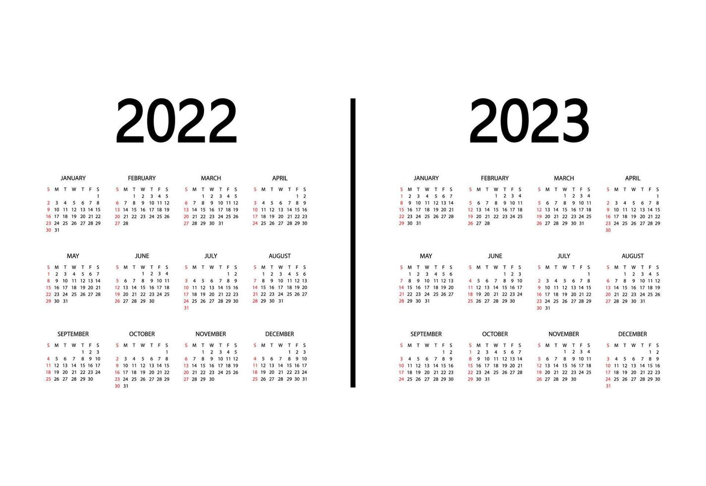 calendario 2022, año 2023. la semana comienza el domingo. plantilla de organizador anual. diseño de maqueta de calendario en colores blanco y negro, vacaciones en colores rojos vector