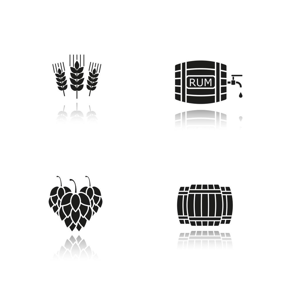 Beer drop shadow black icons set. Alcohol wooden barrels, hop cones