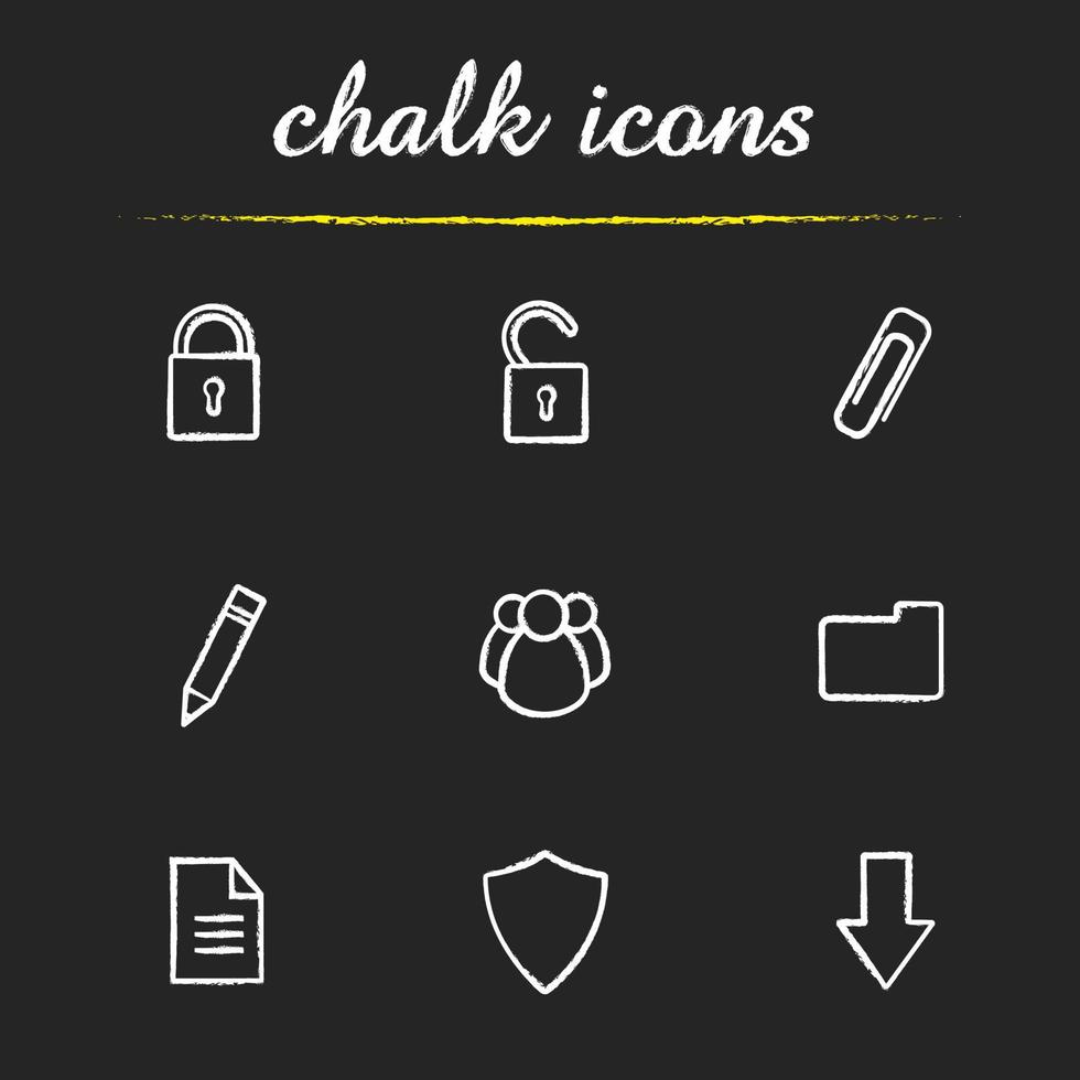 Digital chalk icons set. Cyber security. Access granted and denied, save, edit, download buttons. Social network, folder, document, shield. Isolated vector chalkboard illustrations