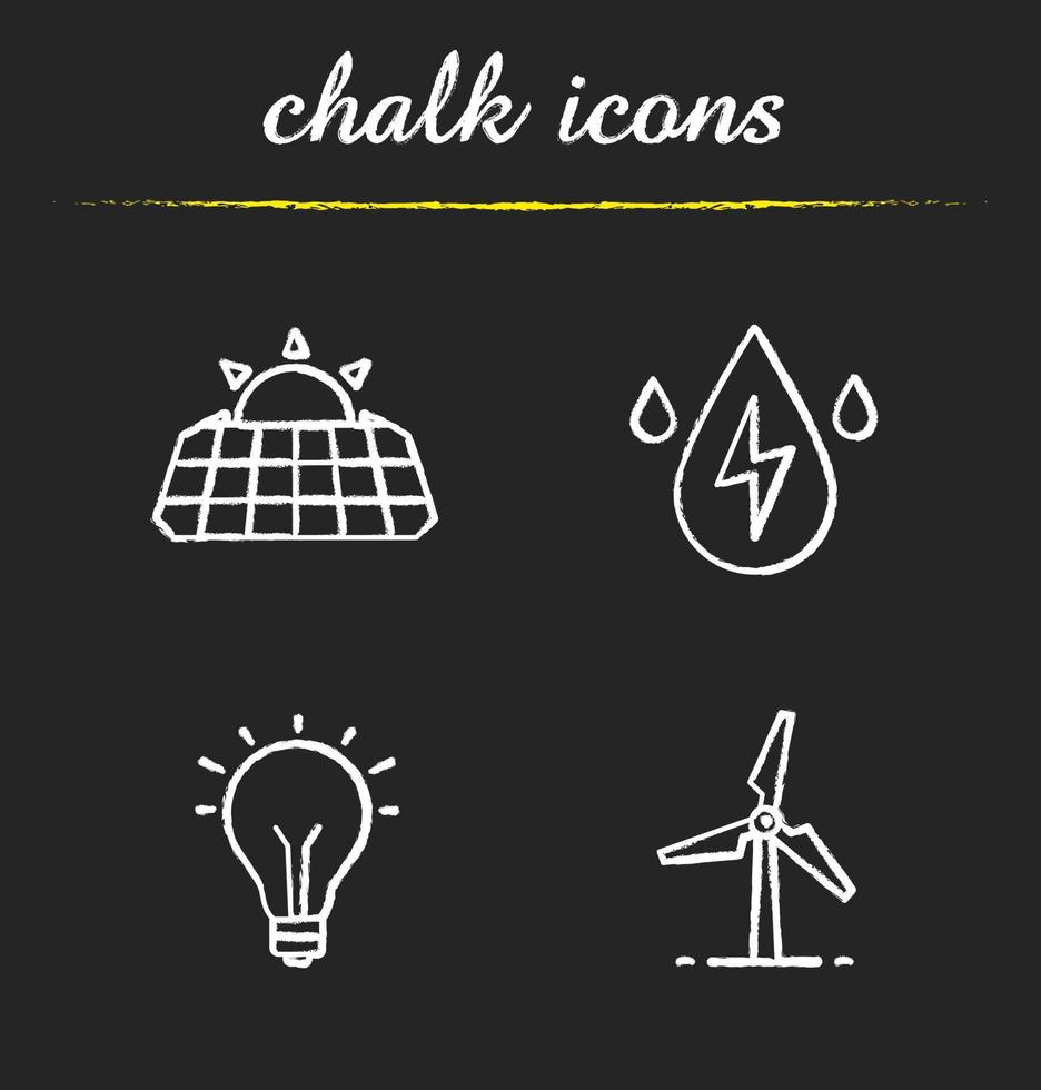 Eco energy chalk icons set. Solar panels, windmill, water energy, light bulb. Isolated vector chalkboard illustrations
