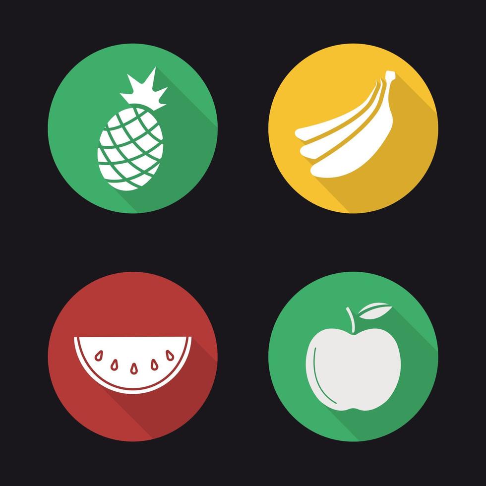 Fruit flat design long shadow icons set. Pineapple, bananas bundle, watermelon slice, apple. Vector silhouette illustration