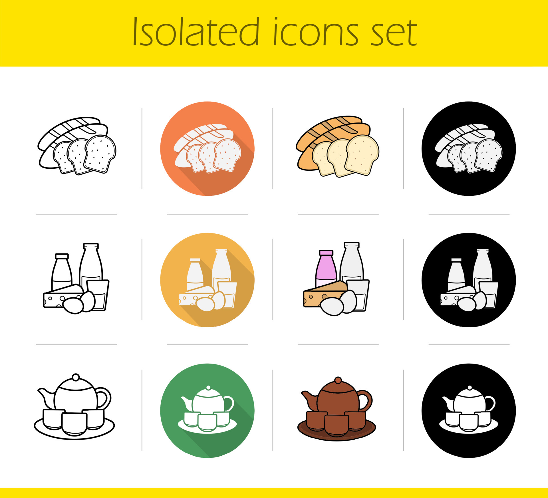 Grocery Store Products Categories Icons Set Flat Design Linear Black And Color Styles Bread Dairy Tea Ceremony Set Isolated Vector Illustrations Vector Art At Vecteezy