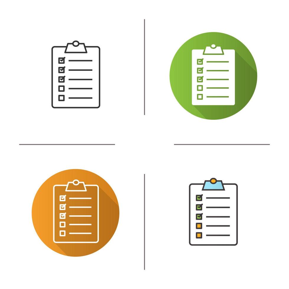 Clipboard checklist icon. Flat design, linear and color styles. To do list. Isolated vector illustrations