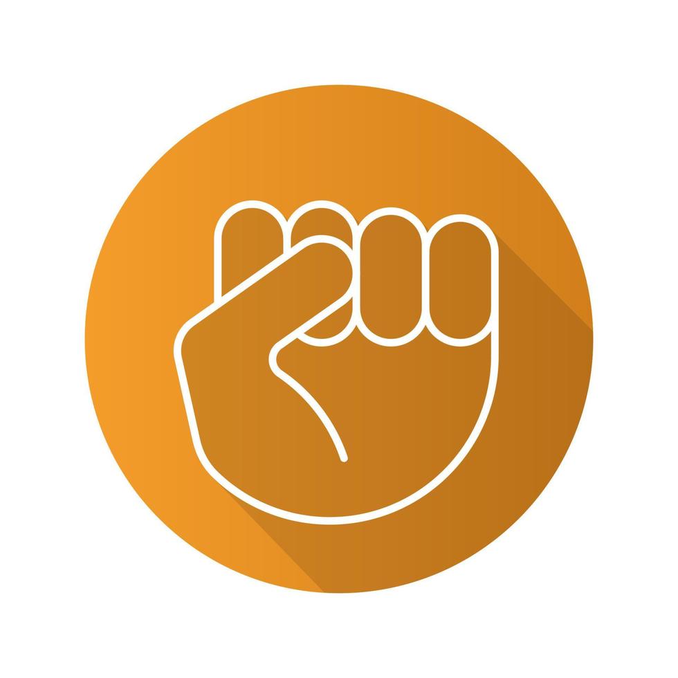 Raised fist gesture. Flat linear long shadow icon. Squeezed hand. Vector line symbol