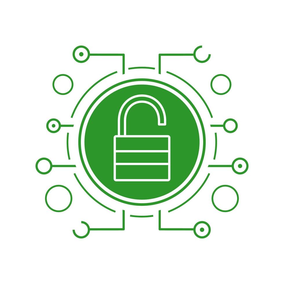 Cyber security flat linear long shadow icon. Access granted. Open padlock in microchip pathways. Vector line symbol