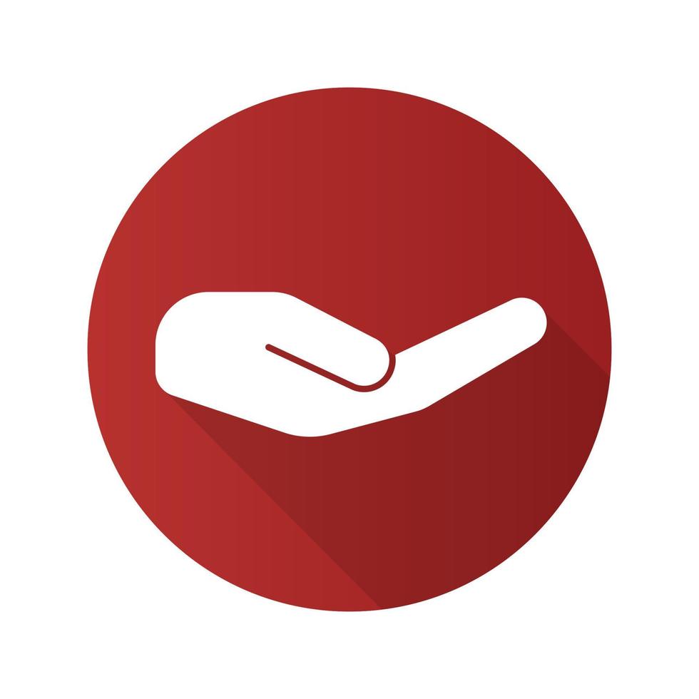 Begging hand gesture. Flat design long shadow icon. Outstretched cupped hand. Vector red silhouette symbol
