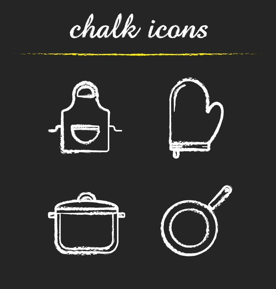 Conjunto de iconos de tiza de herramientas de cocina. batería de cocina. delantal de cocina, guante de cocina, cazo con tapa, sartén. ilustraciones de pizarra vector aislado