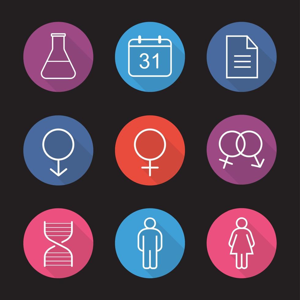 Science research icons. Flat linear long shadow symbols. Lab flask, calendar, test paper, interlocked male and female signs, man and woman, dna chain model. Vector line illustration