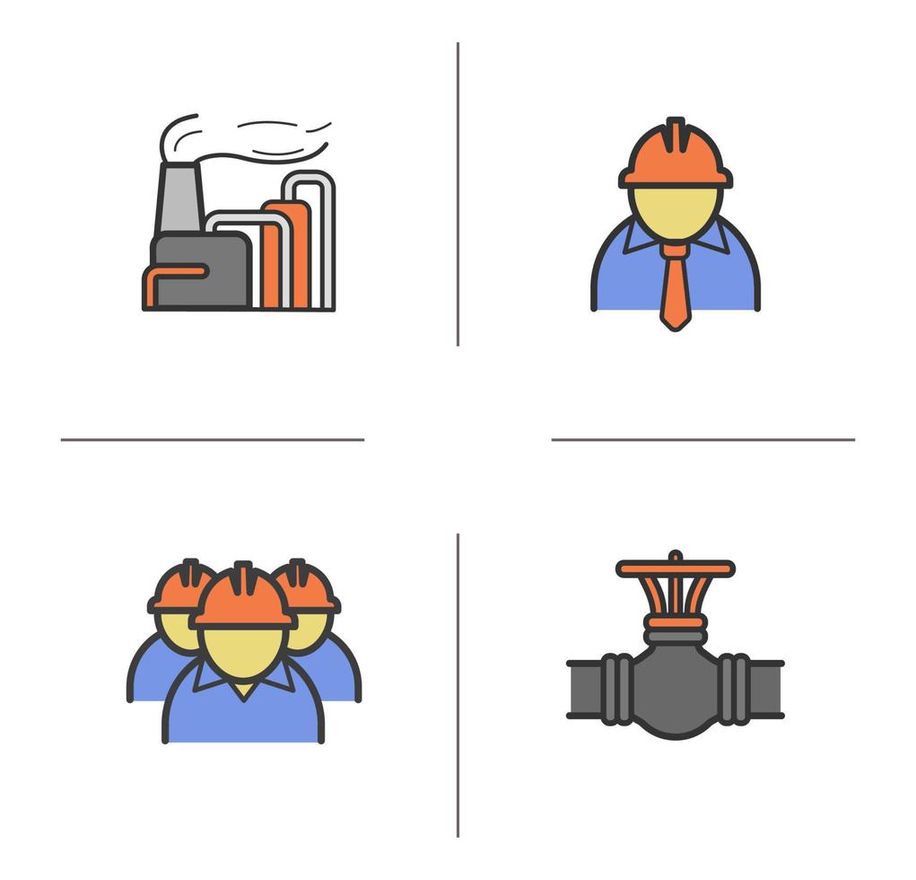 Industrial complex color icons set. Chemical factory, chief and workers, gas pipe valve. Isolated vector illustrations