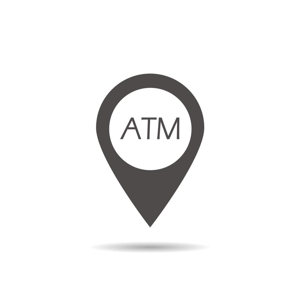 ATM machine location icon. Nearby bank pinpoint. Drop shadow map pointer silhouette symbol. Vector isolated illustration