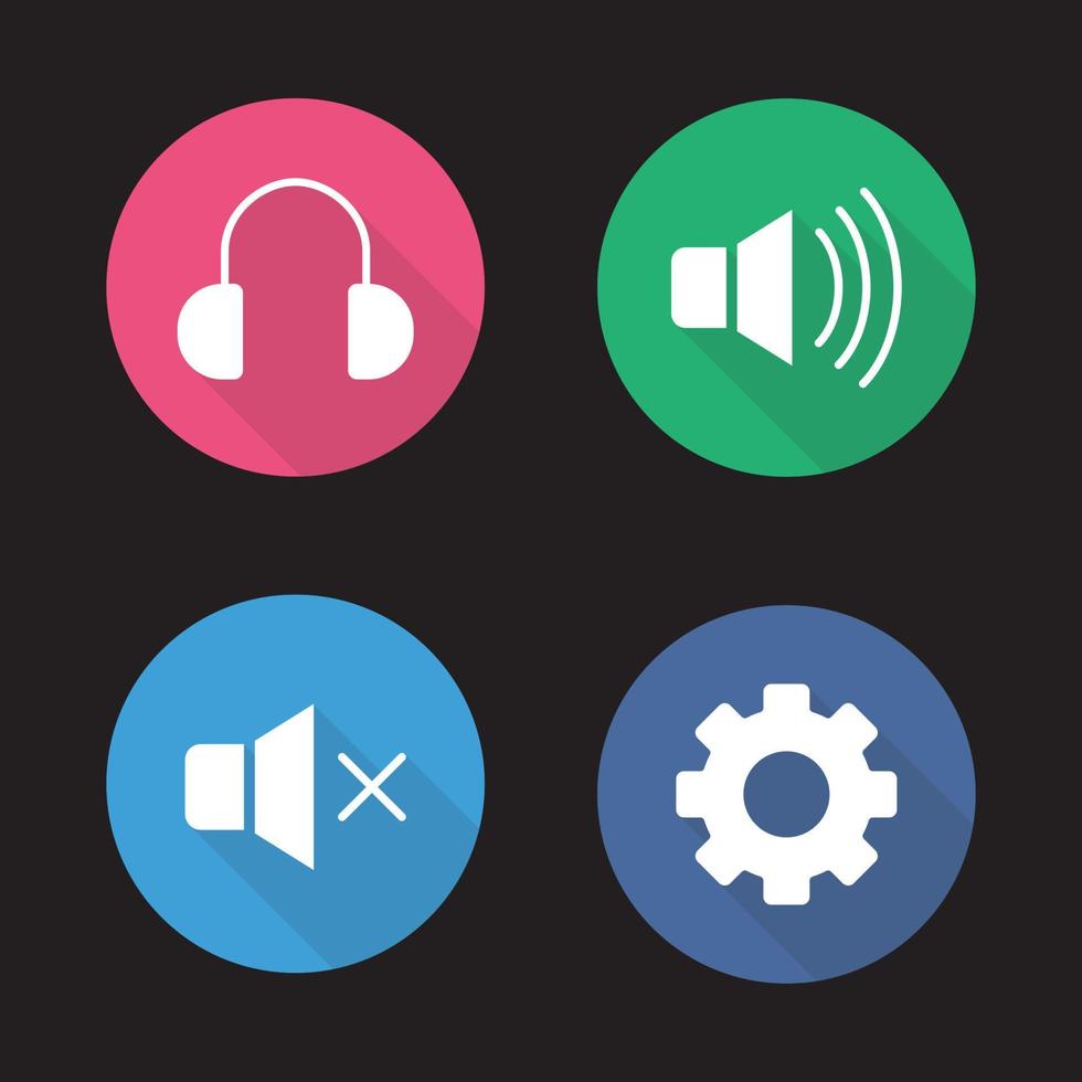 Music player menu buttons. Flat design long shadow icons set. Mute on and off, headphones and settings gear. Vector silhouette illustration