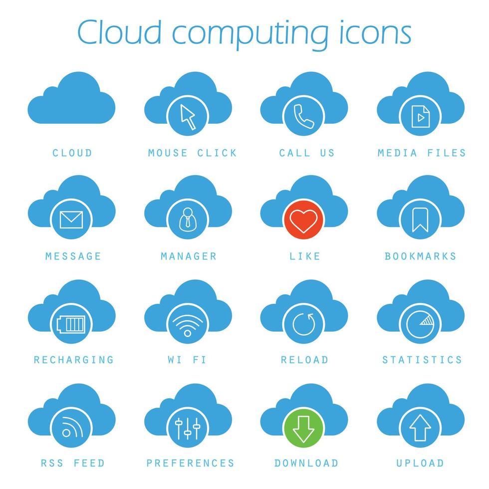 Cloud computing icons set. Web storage silhouette symbols. Mouse click, bookmarks, statistics, recharging, wifi, download and upload web hosting symbols. Vector isolated illustration