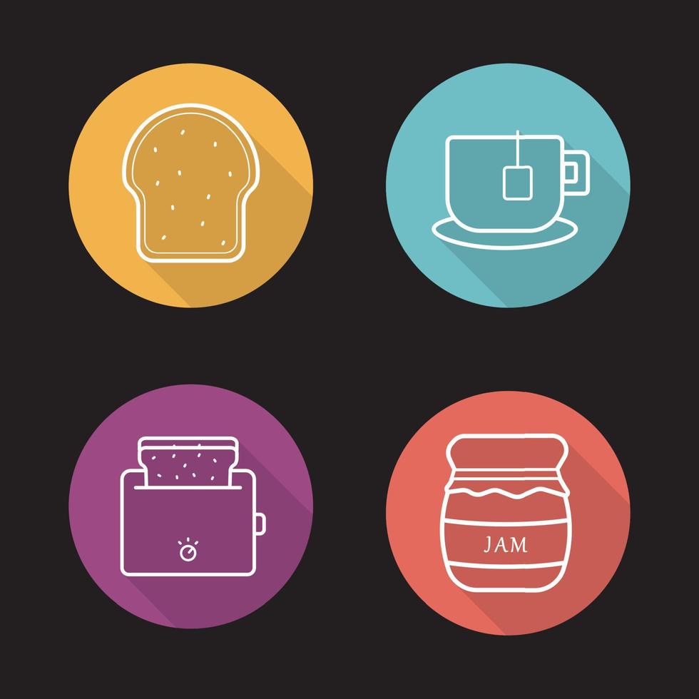 Breakfast items flat linear long shadow icons set. Toaster, covered honey pot, teacup on plate, toasted bread. Vector line illustration