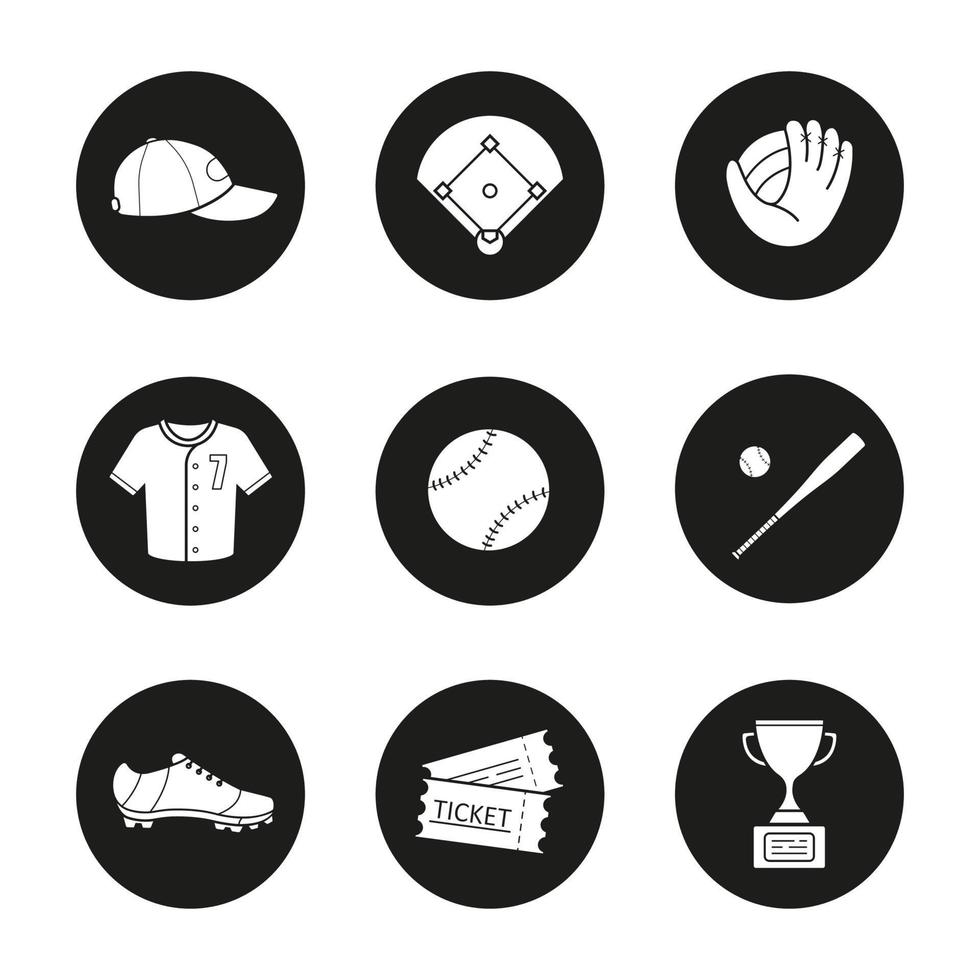 Baseball accessories icons set. Cap, field, mitt, shirt, ball, bat, shoe, tickets, winner's award. Softball player's kit. Vector white silhouettes illustrations in black circles