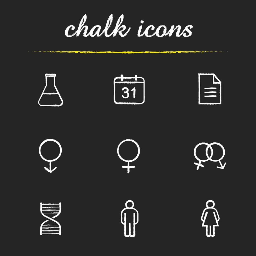 Science research chalk icons set. WC door signs. Lab flask, calendar, test paper, interlocked male and female signs, man and woman, dna chain model. Isolated vector chalkboard illustrations