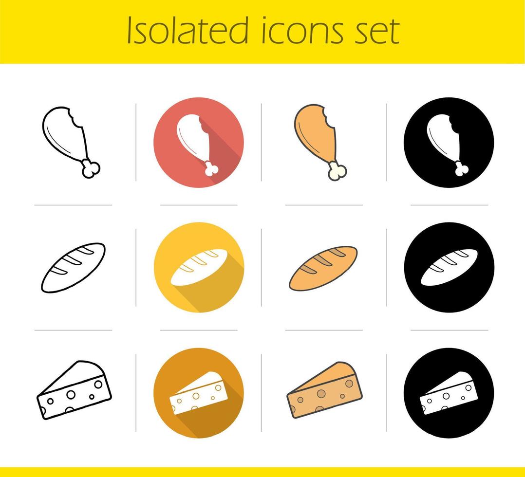 Conjunto de iconos de productos de tienda de abarrotes. diseño plano, estilos lineales, negros y de color. muslo de pollo, barra de pan, rebanada de queso. ilustraciones vectoriales aisladas vector