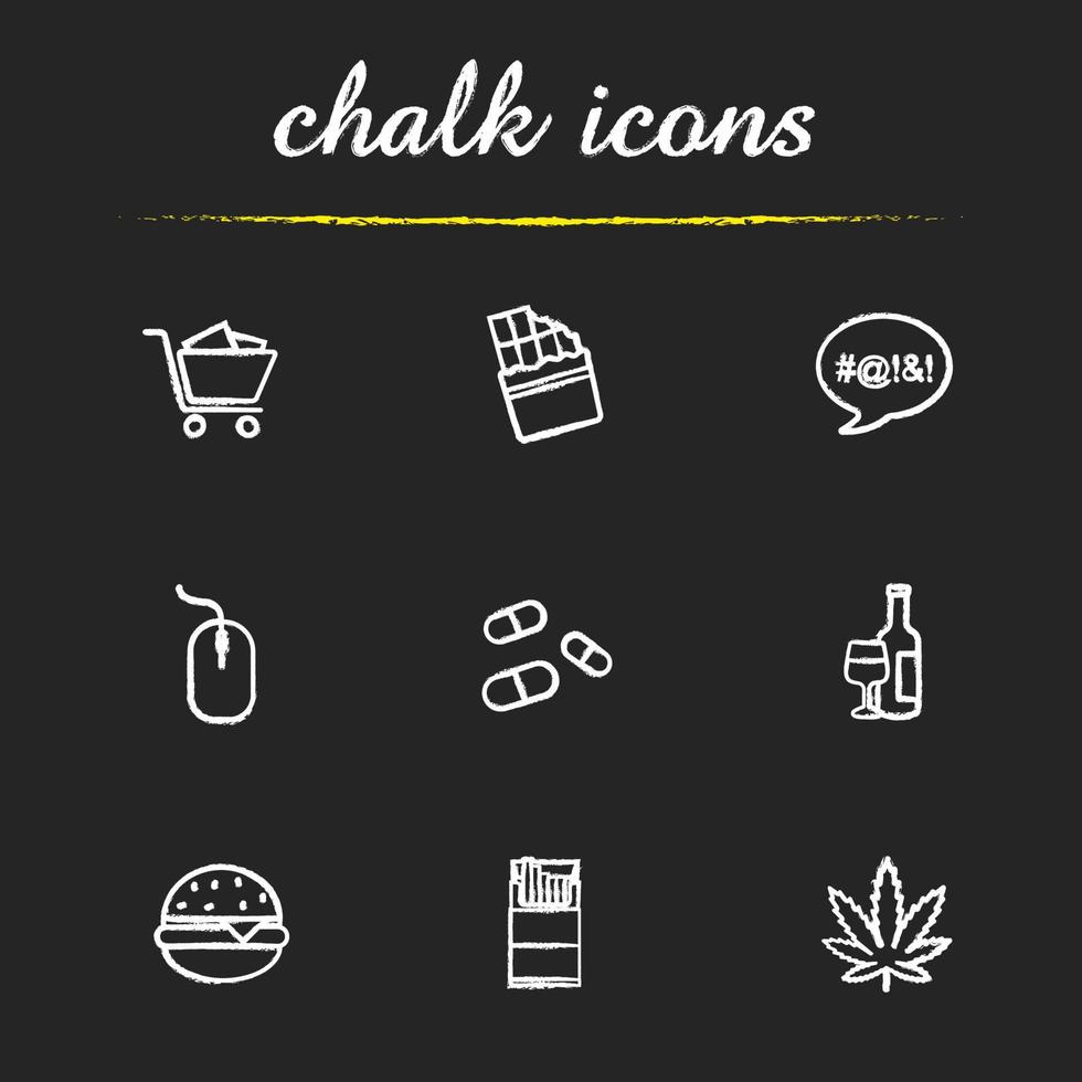 Conjunto de iconos de tiza de adicciones. fumar, drogas, comida, palabrotas, compras, computadoras, alcoholismo. marihuana, cigarrillos, pastillas, hamburguesa, chocolate, mouse de computadora. ilustraciones de pizarra vector aislado