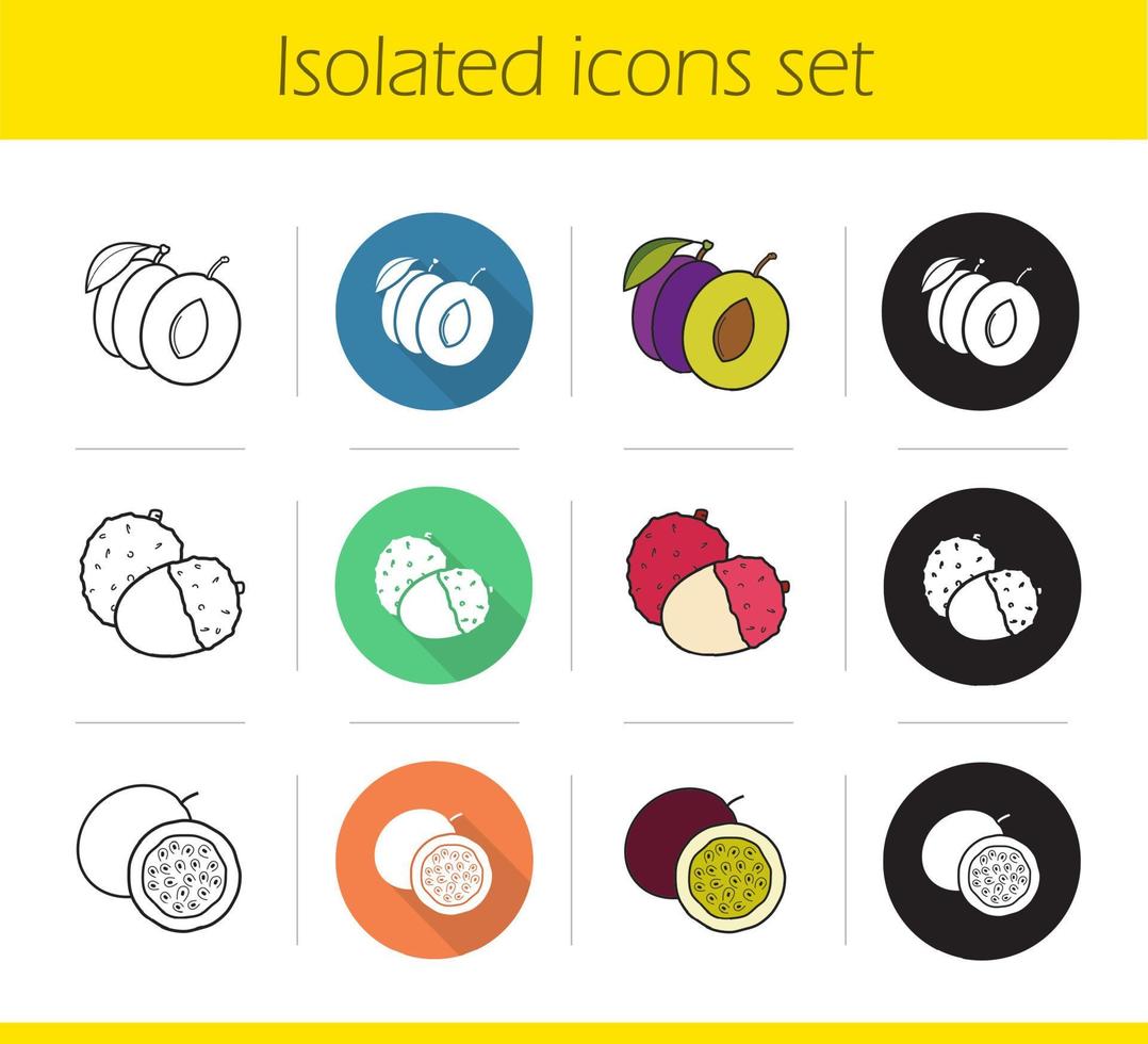 Fruit pairs icons set. Flat design, linear, black and color styles. Plum, lichi and passionfruit. Isolated vector illustrations