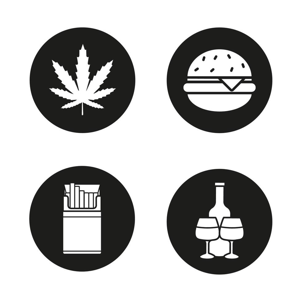 Bad habits black icons set. Unhealthy lifestyle addictions. Marijuana leaf, fast food burger, open cigarette pack, alcohol bottle with glasses. White silhouettes illustrations. Vector logo concepts