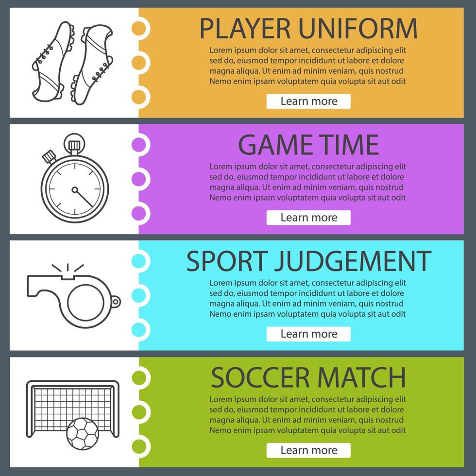 Soccer banner templates set. Easy to edit. Football player's boots, stopwatch, whistle ball and gates. Website menu items with linear icons. Color web banner. Vector headers design concepts