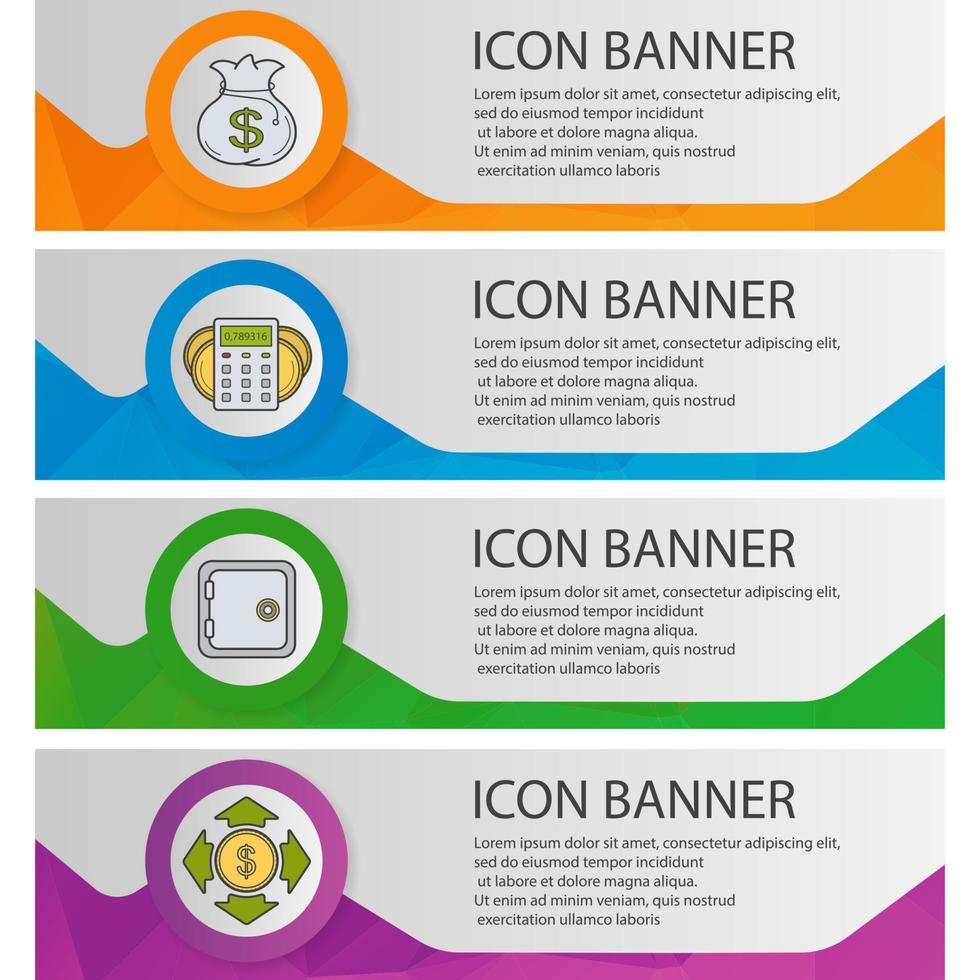 Banking and finance banner templates set. Easy to edit. Money bag, income calculation and spending, safe deposit box. Website menu items. Color polygonal web banner concepts. Vector backgrounds