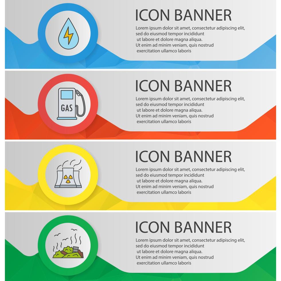 Ecology banner templates set. Easy to edit. Water energy, gas station, nuclear power plant, rubbish dump website menu items. Color polygonal web banner concepts. Vector backgrounds