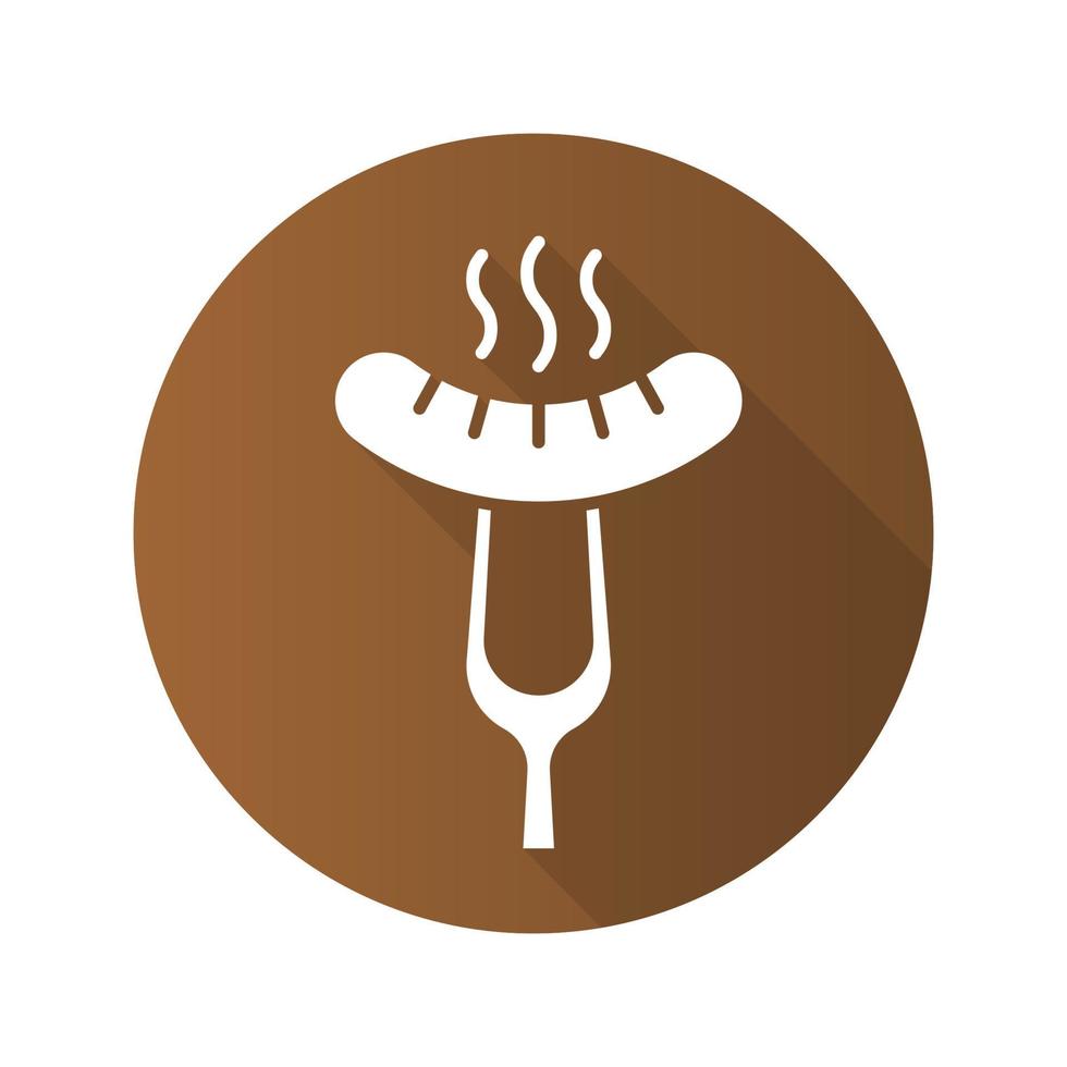 Sausage on fork flat design long shadow icon. Steaming bratwurst on carving fork. Vector silhouette symbol
