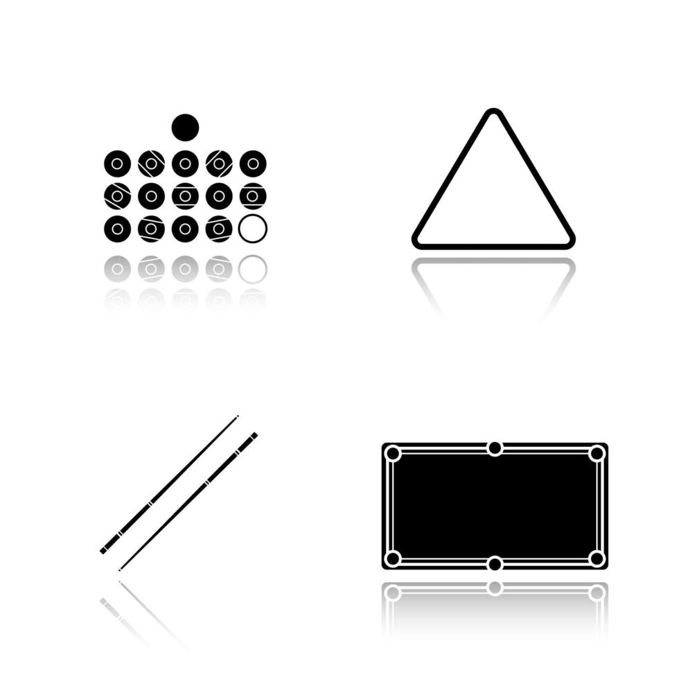 Billiard equipment drop shadow black icons set. Billiard balls, table, cues and ball rack. Isolated vector illustrations