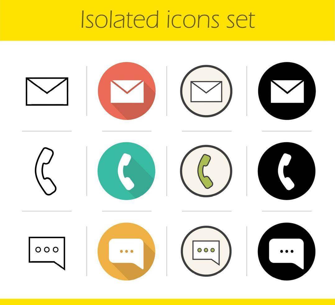 Digital icons set. Flat design, linear, black and color styles. Email, phone, chat box. Isolated vector illustrations
