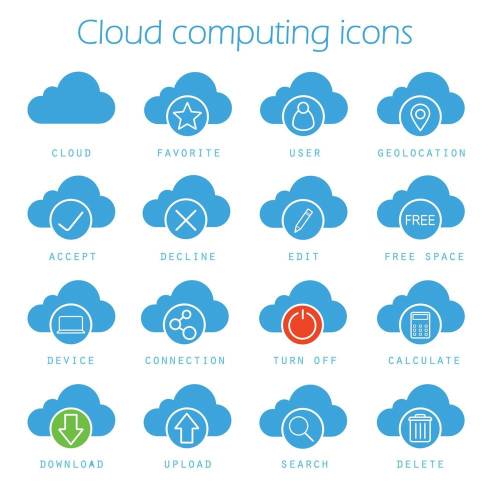 conjunto de iconos de computación en la nube. símbolos de silueta de almacenamiento de datos en línea. geolocalización, favorito, usuario, búsqueda, espacio libre, descarga, acceso, conexión de dispositivo, apagar. vector ilustración aislada