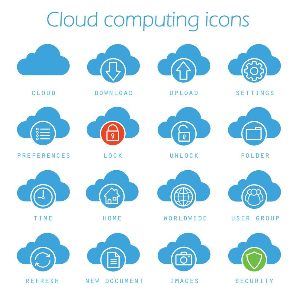 Cloud computing icons set. Online data storage silhouette symbols. Download, upload, settings, new document, preferences, lock, unlock and folder. Vector isolated illustration