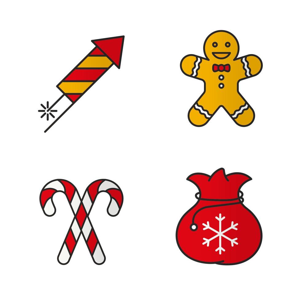 Conjunto de iconos de colores de Navidad y año nuevo. cohete de fuegos artificiales, hombre de jengibre, bastones de caramelo, bolsa de regalo de santa claus. ilustraciones vectoriales aisladas vector