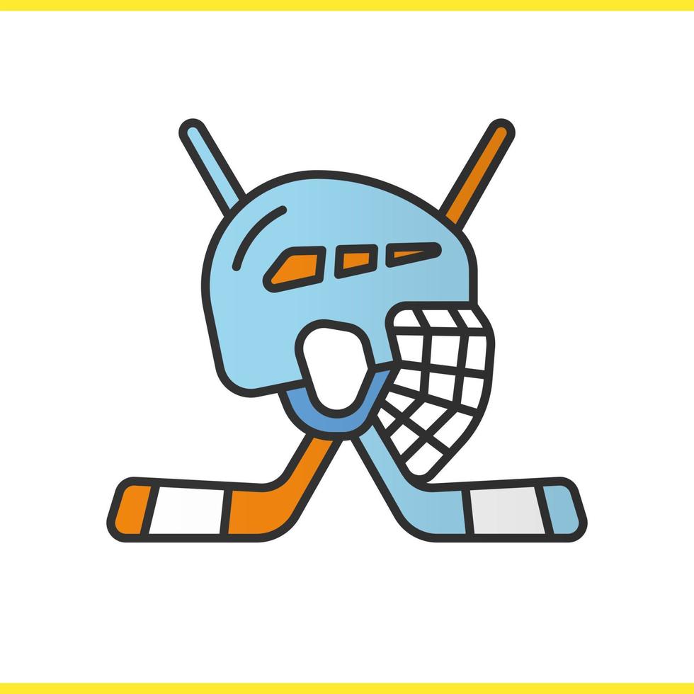 Ice hockey equipment color icon. Hockey sticks and helmet. Isolated vector illustration
