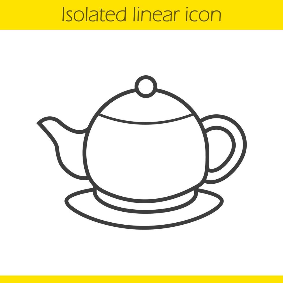 Teapot linear icon. Thin line illustration. Tea pot on plate contour symbol. Vector isolated outline drawing