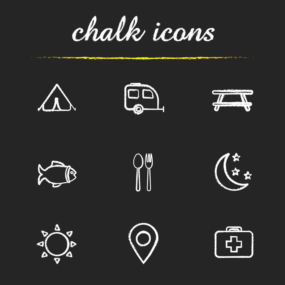 Camping and tourism chalk icons set. Tent, trailer, picnic table, fish, fork and spoon, moon and stars, sun, geolocation mark, first aid kit. Isolated vector chalkboard illustrations