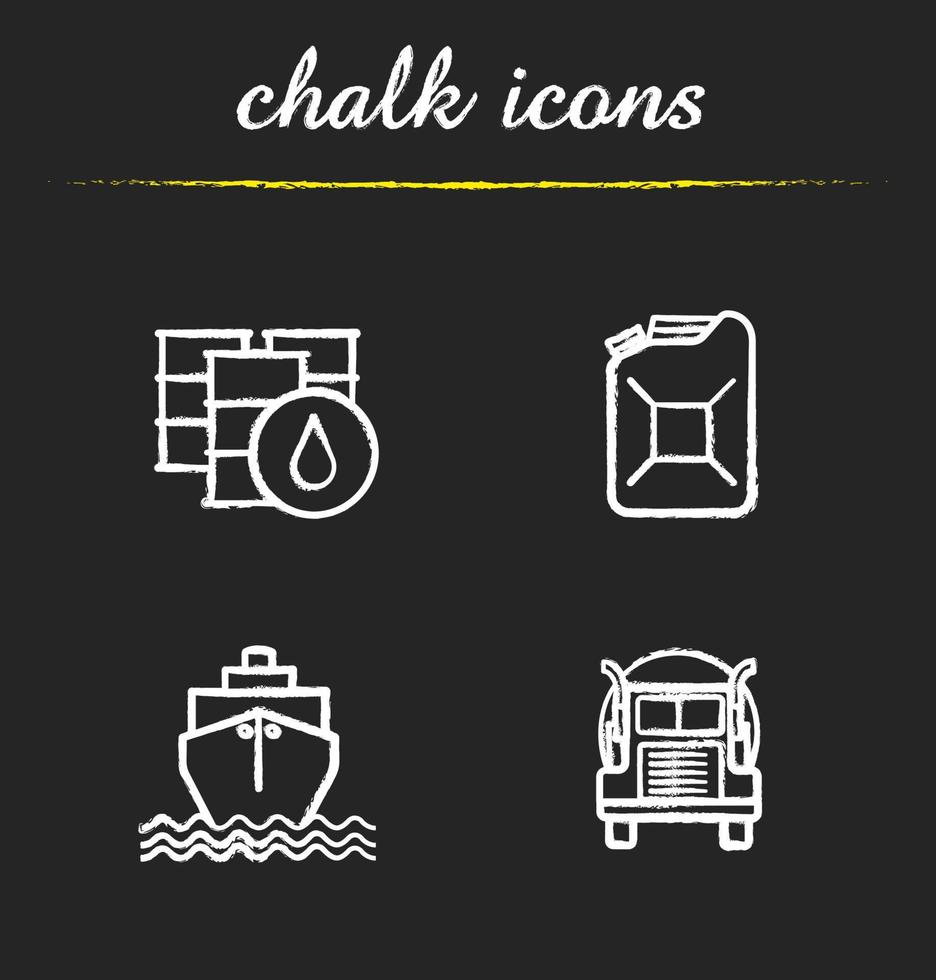 Oil transportation chalk icons set. Petrol barrels and gasoline jerrycan, cargo ship and transportation tank truck. Isolated vector chalkboard illustrations