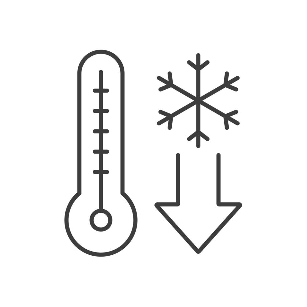 Temperature falling linear icon. Thin line illustration. Thermometer with snowflake. Cold winter weather contour symbol. Vector isolated outline drawing