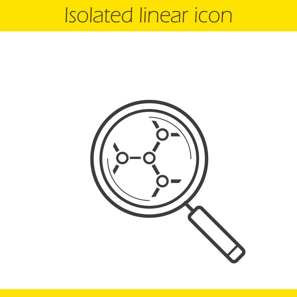 Molecular structure analysis linear icon. Magnifying glass thin line illustration. Business segments interaction contour symbol. Vector isolated outline drawing