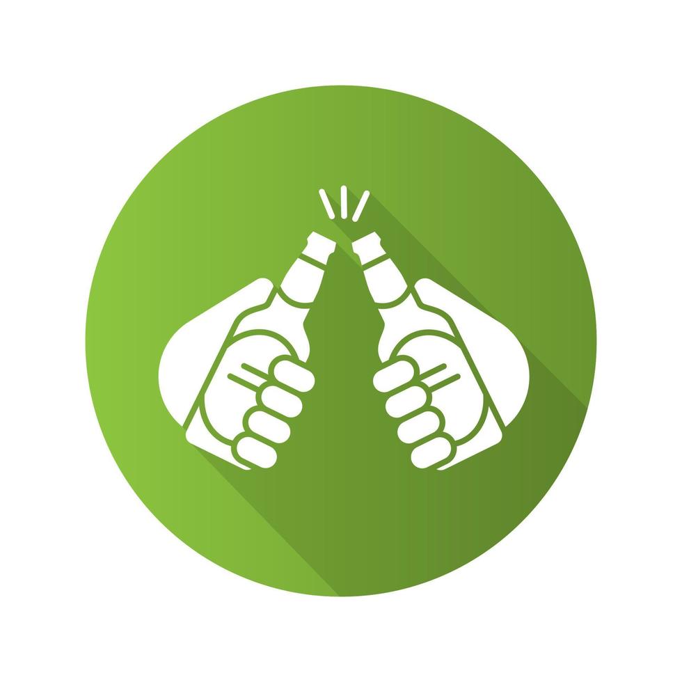 Toasting beer bottles flat design long shadow icon. Cheers. Hands holding beer bottles. Vector silhouette symbol