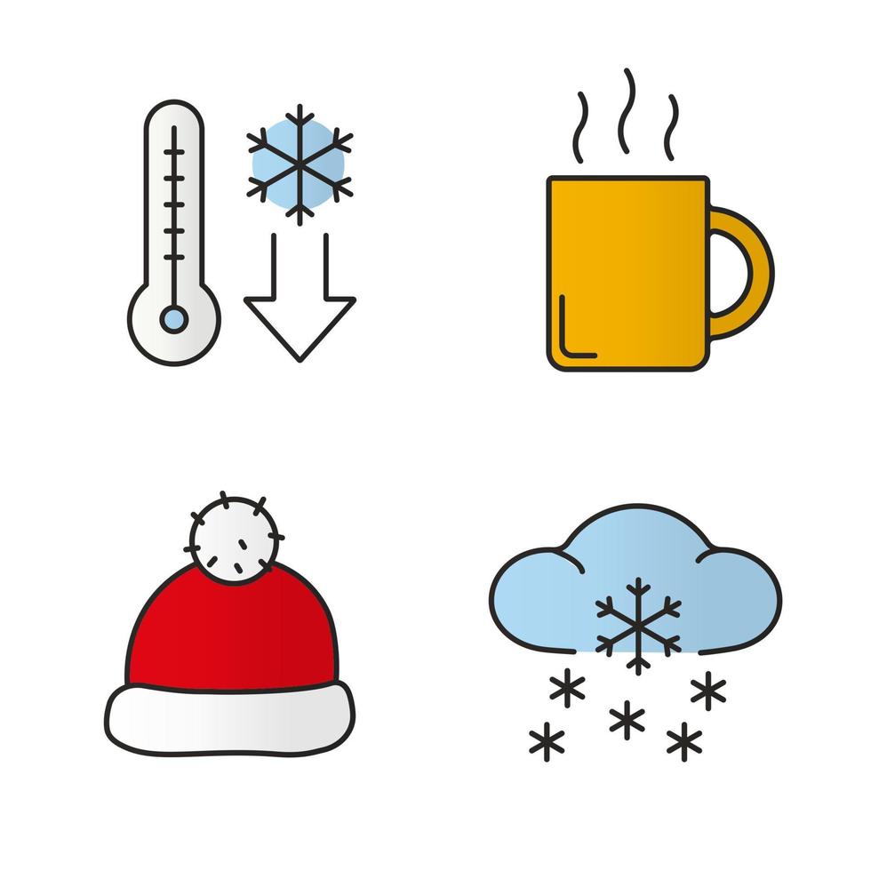 conjunto de iconos de colores de temporada de invierno. caída de temperatura, té o taza de café humeante, sombrero rojo de santa claus, nevadas de invierno. ilustraciones vectoriales aisladas vector