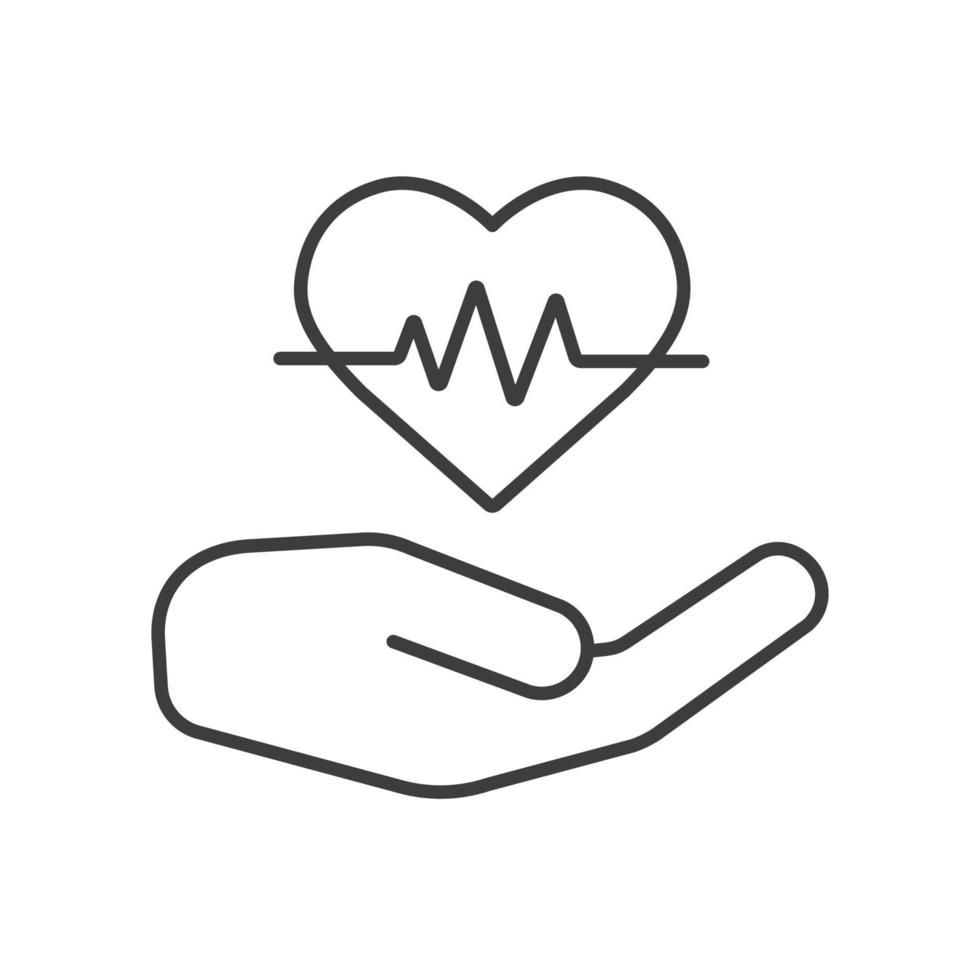 Heart care linear icon. Thin line illustration. Human hand with heartbeat curve contour symbol. Vector isolated outline drawing