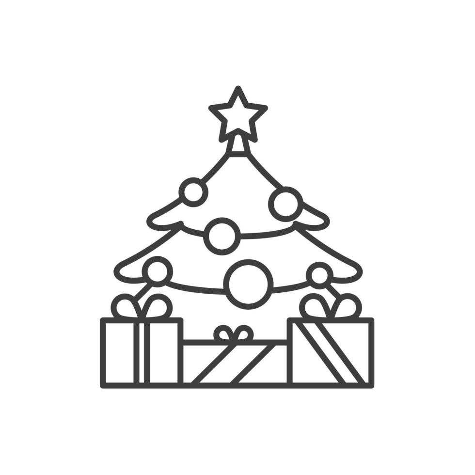 New Year tree with star and gifts linear icon. Thin line illustration. Decorated Christmas tree with presents contour symbol. Vector isolated outline drawing