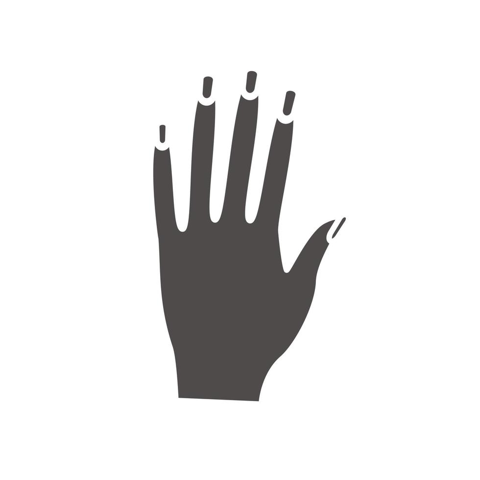 Woman's hand with manicure icon. Drop shadow silhouette symbol. Manicure saloon. Negative space. Vector isolated illustration