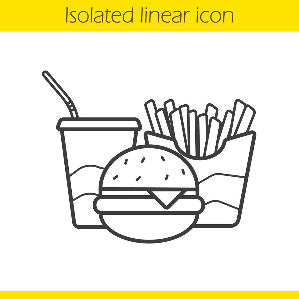 icono lineal de comida rápida. Ilustración de línea fina. vaso de papel de cola, hamburguesa con queso y papas fritas. símbolo de contorno de comida chatarra. dibujo de contorno aislado vectorial vector