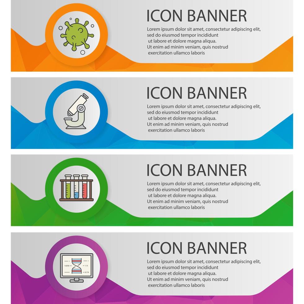 Bio laboratory banner templates set. Easy to edit. Virus cell, lab test tubes, microscope, dna research website menu items. Color polygonal web banner concepts. Vector backgrounds